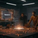 Emulador multiplataforma Einstein ejecutando NewtonOS en un entorno de desarrollo tecnológico con founders colaborando, destacando software libre y oportunidades en tecnología.