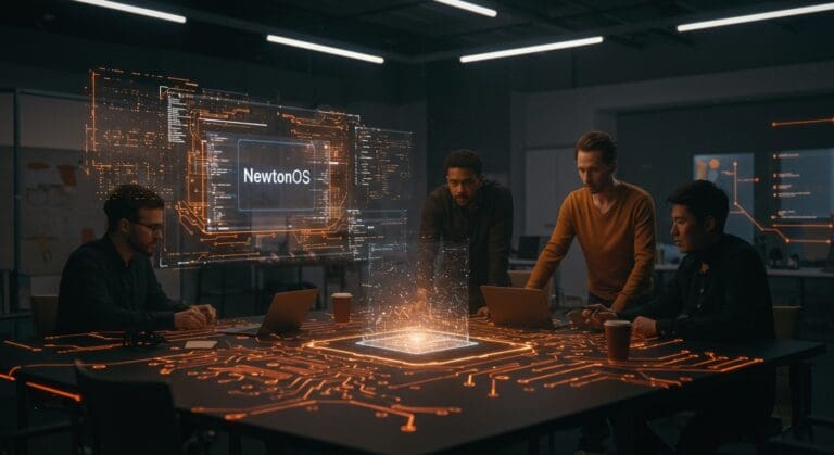 Emulador multiplataforma Einstein ejecutando NewtonOS en un entorno de desarrollo tecnológico con founders colaborando, destacando software libre y oportunidades en tecnología.