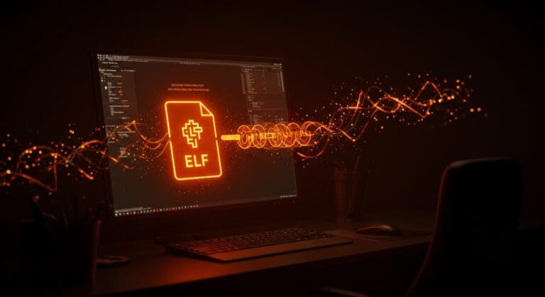 Interfaz visual de ELF y program interpreter mostrando automatización y programación en startups tecnológicas con paleta naranja y negra.