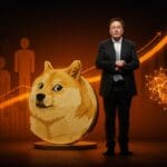 Elon Musk junto al símbolo de Dogecoin con gráficos que muestran aumento del gasto público y recortes, destacando eficiencia y tendencias en el sector tecnológico.