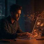 Founding Design Engineer trabajando en interfaz futurista en startup de IA con impacto social en Nueva York.