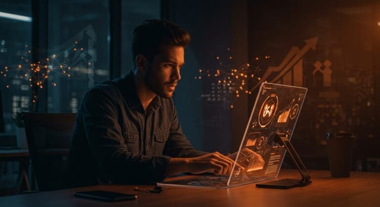 Founding Design Engineer trabajando en interfaz futurista en startup de IA con impacto social en Nueva York.