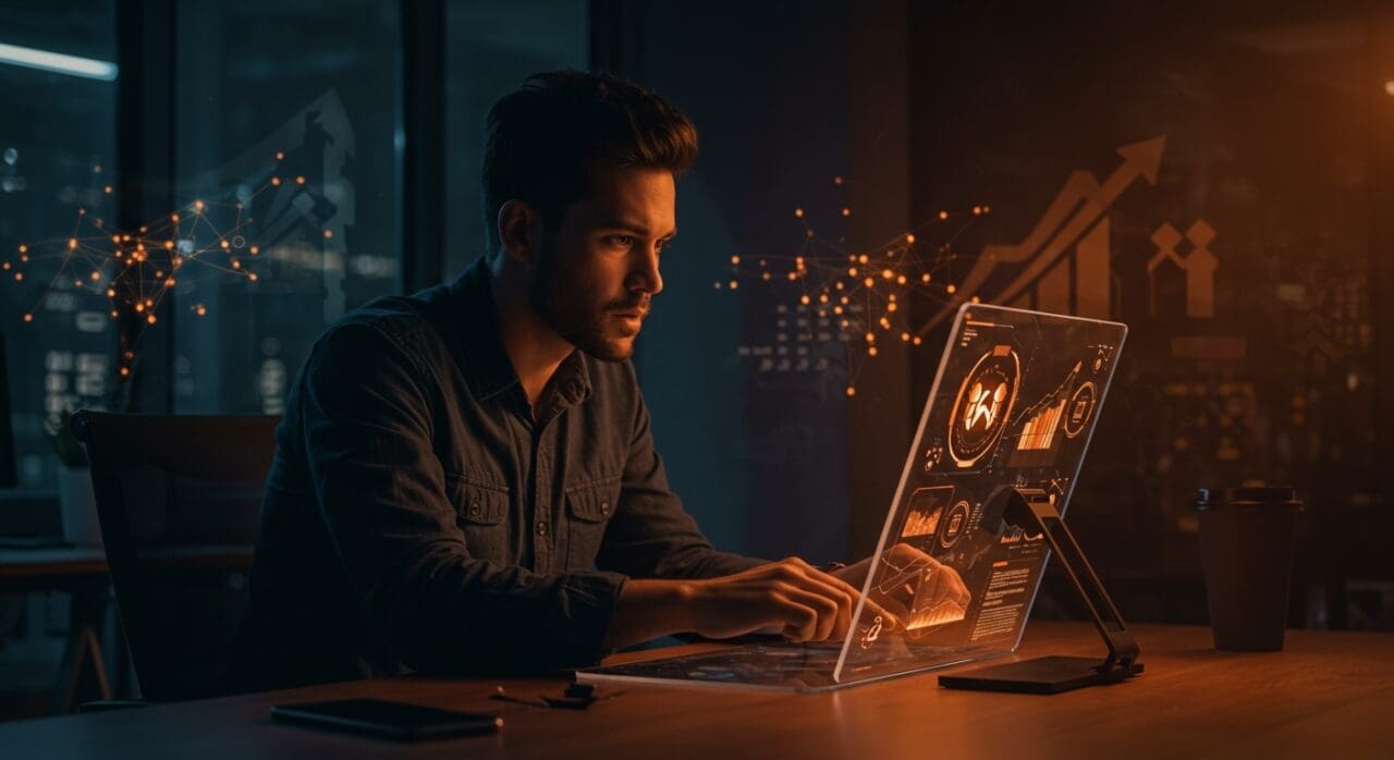 Founding Design Engineer trabajando en interfaz futurista en startup de IA con impacto social en Nueva York.