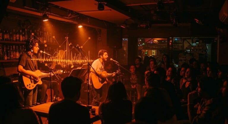 Emprendimiento musical en Bogotá con músicos emergentes actuando en Idilio Bar, un espacio cultural que apoya talentos locales.