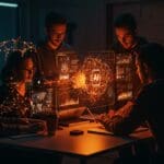 Fundadores tecnológicos colaborando sobre interfaces digitales de IA aplicada y automatización en startups con inversión pre-seed.