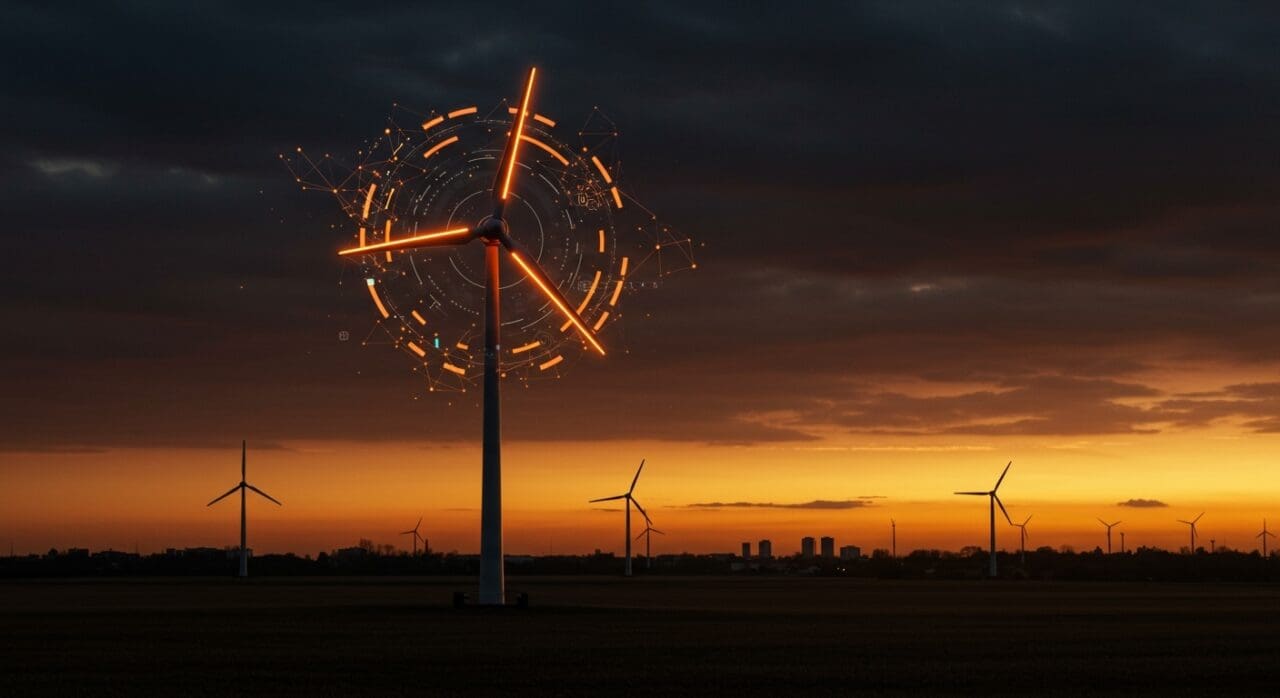 Turbina eólica inteligente con inteligencia artificial aumentando la generación de microeólica en Europa destacada en un paisaje moderno.
