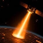 Satélite transmitiendo energía solar renovable desde el espacio a granjas solares, ilustrando innovación tecnológica de Overview Energy.