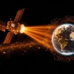 Satélite transmitiendo energía solar espacial inalámbrica desde el espacio, simbolizando innovación tecnológica y energía limpia de startup estadounidense.