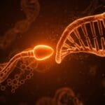 Visualización cinematográfica de ARN espermático y epigenética mostrando la influencia del fitness paterno en la herencia y salud metabólica.