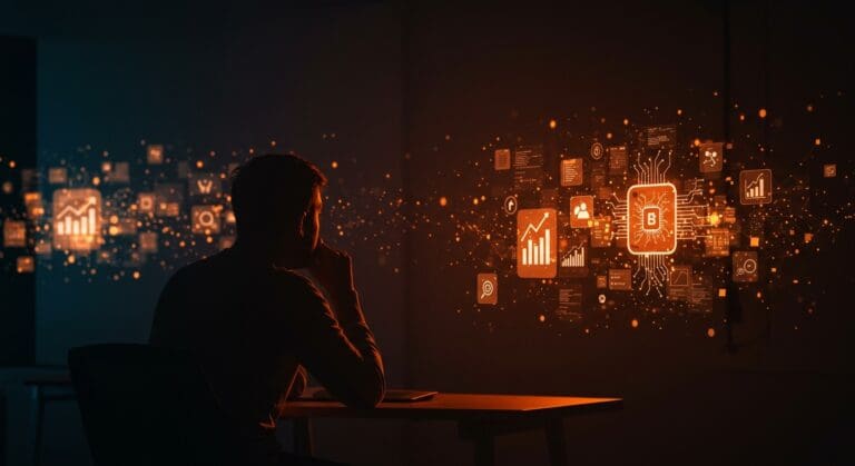 Fundador de software indie contemplando el futuro tecnológico con inteligencia artificial y retos del mercado digital.