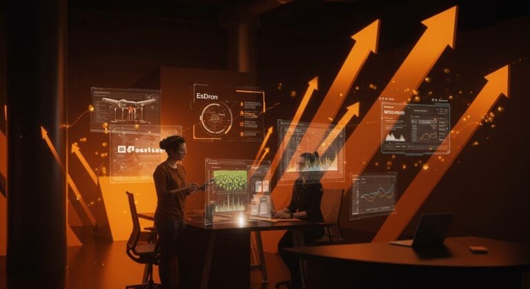 Startups EsDron y Mitiga colaborando en un parque tecnológico en España, destacando innovación y agricultura de precisión.