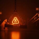 Multa a Airbnb en España simbolizada con cadenas digitales sobre un fondo urbano abstracto, destacando regulación y oportunidades en el mercado inmobiliario startup.