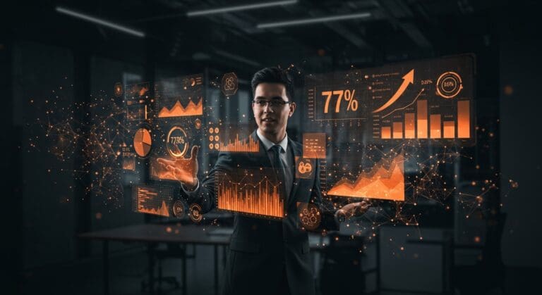 Representante de ventas impulsado por IA mostrando aumento del 77% en ingresos con herramientas AI en entorno tecnológico moderno.