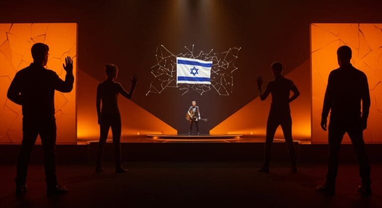 Boicot de Irlanda, España, Países Bajos y Dinamarca a Eurovision 2026 por la participación de Israel, con metáforas visuales de tensión cultural en Europa.