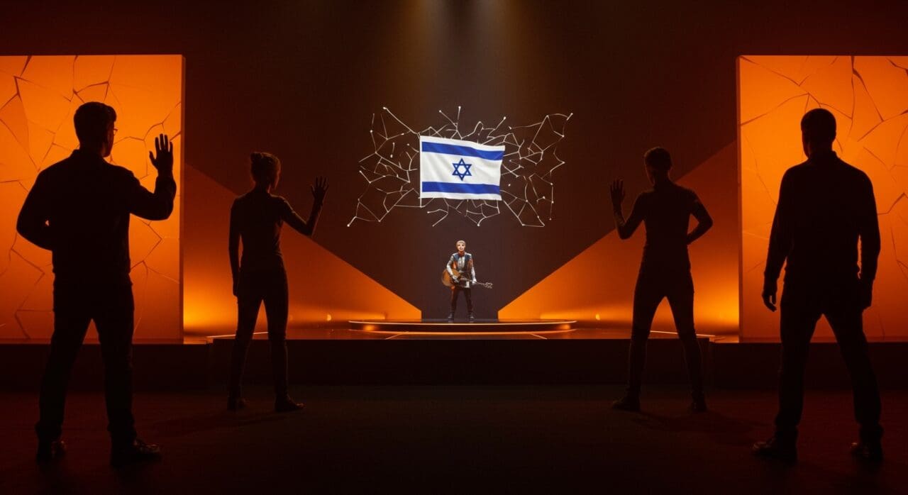 Boicot de Irlanda, España, Países Bajos y Dinamarca a Eurovision 2026 por la participación de Israel, con metáforas visuales de tensión cultural en Europa.