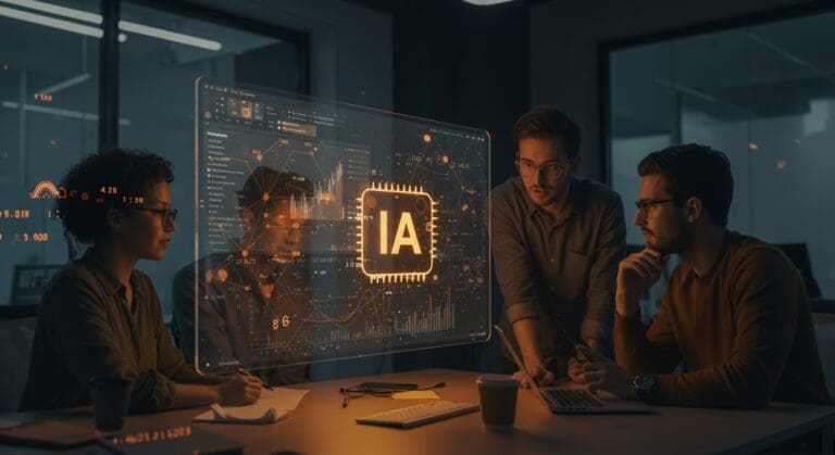 Equipo de startup trabajando en Microsoft Excel con integración de inteligencia artificial, destacando productividad y herramientas tecnológicas para empresas.