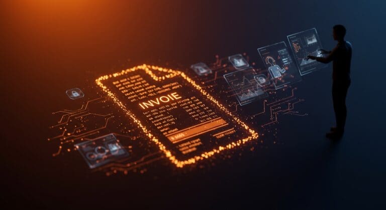 Factura electrónica europea con representación visual de seguridad informática y riesgos XML para automatización startup.