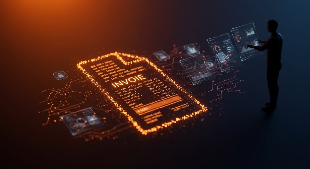 Factura electrónica europea con representación visual de seguridad informática y riesgos XML para automatización startup.
