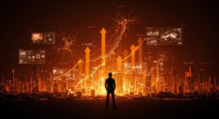 Silhouette de emprendedor frente a un paisaje digital con símbolos de inversión y redes neuronales, representando la ronda de financiamiento de $140M de Fal en IA generativa.