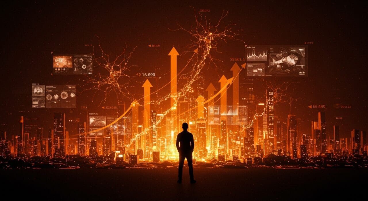 Silhouette de emprendedor frente a un paisaje digital con símbolos de inversión y redes neuronales, representando la ronda de financiamiento de $140M de Fal en IA generativa.