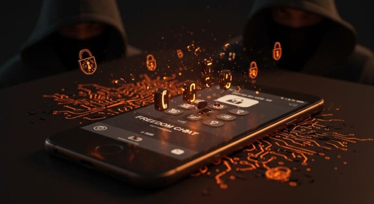 Fallas de seguridad en Freedom Chat que exponen PINs y teléfonos de usuarios representadas con interfaz de app y símbolos de vulnerabilidad digital.