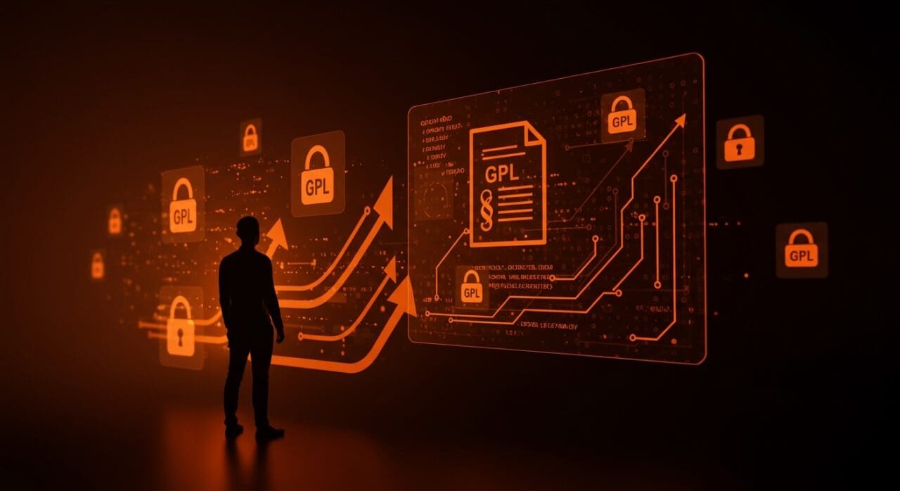 Startup tecnológica frente a pantalla digital con código GPL y símbolos legales, representando el fallo clave que fortalece licencias open source en LATAM.