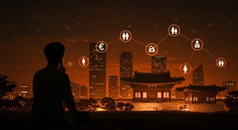 Crisis de fertilidad en Corea del Sur representada con un tomador de decisiones frente a un paisaje urbano futurista, destacando desafíos demográficos y políticas públicas.