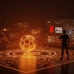Innovación en fútbol digital con FIFA y Netflix Games integrados en una escena futurista de videojuegos deportivos y tendencias gaming.