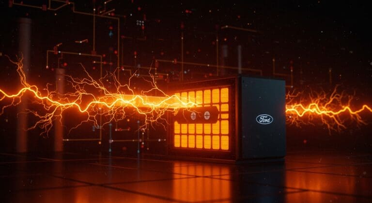Unidad de almacenamiento de energía Ford con baterías LFP para data centers, destacando innovación tecnológica y energía sostenible.