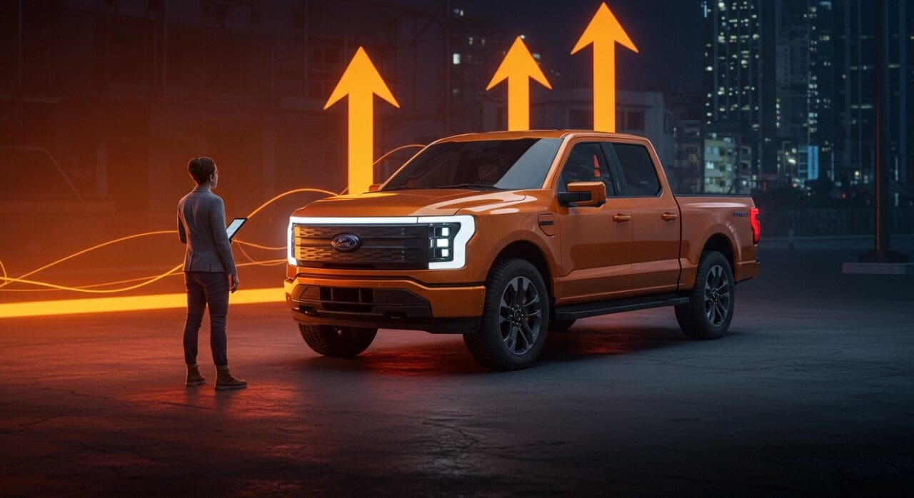 Ford F-150 Lightning destacada en contexto urbano, representando la integración de tecnología híbrida y la evolución de la movilidad eléctrica en grandes vehículos.