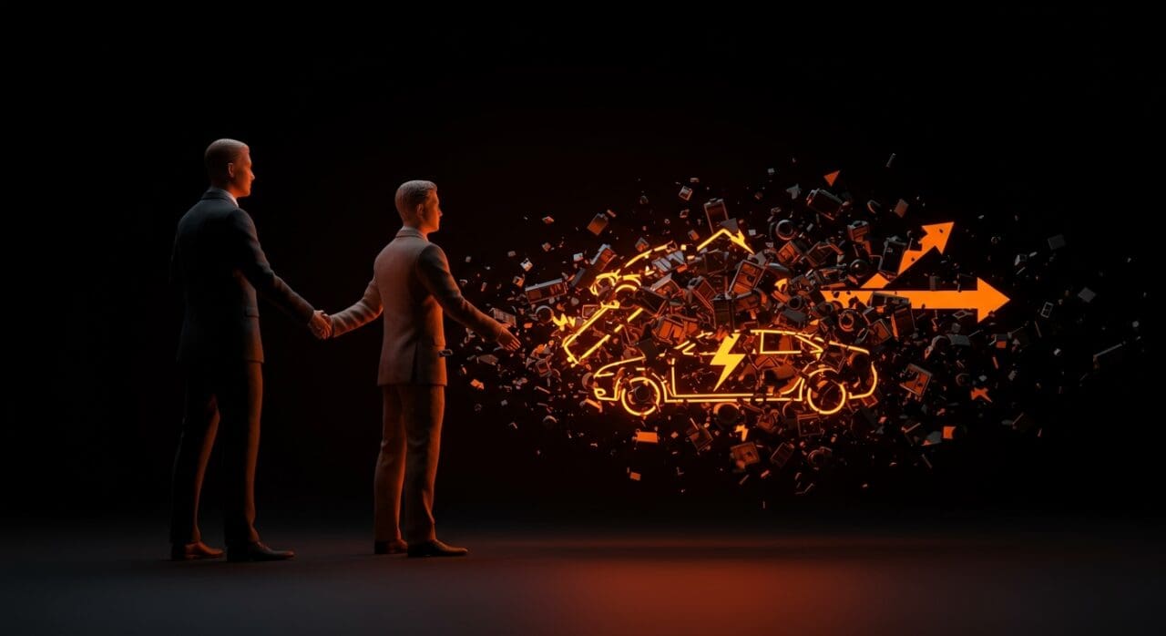 Disolución de la joint venture de baterías entre Ford y SK On en EE.UU., mostrando baterías y vehículos eléctricos en transformación de mercado.