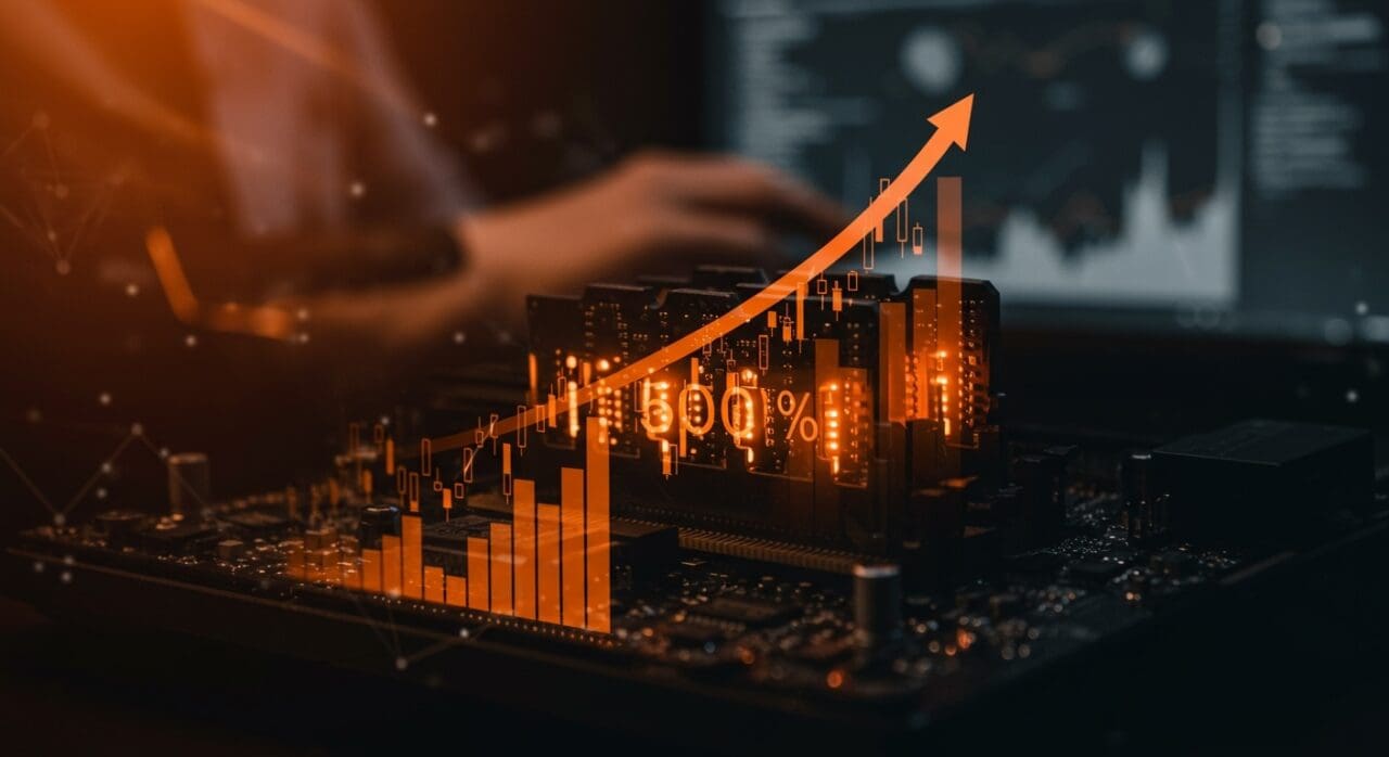 Módulos de memoria DDR5 con visualización de aumento de precios y análisis de impacto en startups tecnológicas.