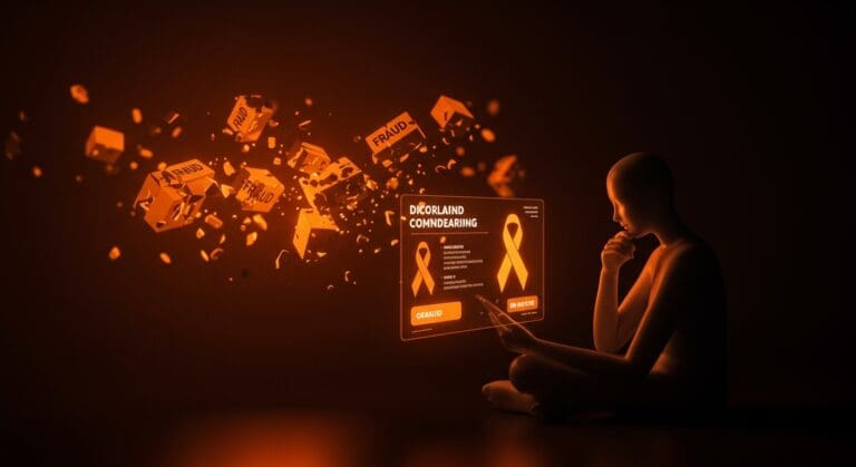 Campaña de crowdfunding oncológico con elementos visuales que representan el fraude y la importancia de la transparencia digital en fundraising.