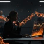 Caroline Ellison y el impacto del caso FTX en el mercado cripto representado con gráficos digitales y cadenas fracturadas en tonos naranja y negro.