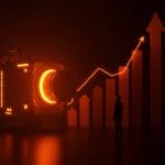 Reactor nuclear modular de 1MW iluminado en tonos naranja con un fundador observando, simbolizando funding y tecnología deeptech en energía limpia.