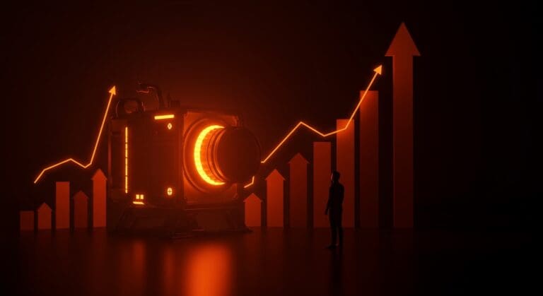 Reactor nuclear modular de 1MW iluminado en tonos naranja con un fundador observando, simbolizando funding y tecnología deeptech en energía limpia.