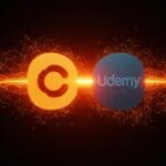 Ilustración conceptual de la fusión de Coursera y Udemy creando un gigante EdTech en capacitación en IA y el impacto en startups y el mercado laboral.