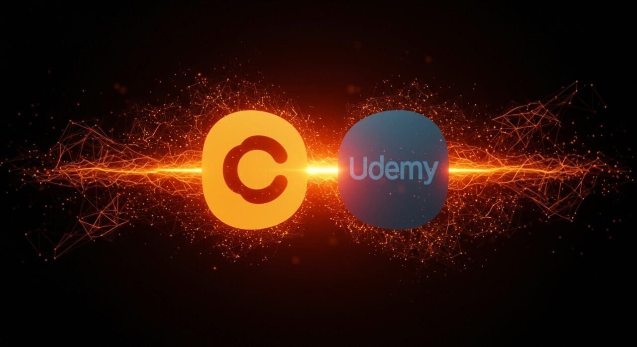 Ilustración conceptual de la fusión de Coursera y Udemy creando un gigante EdTech en capacitación en IA y el impacto en startups y el mercado laboral.