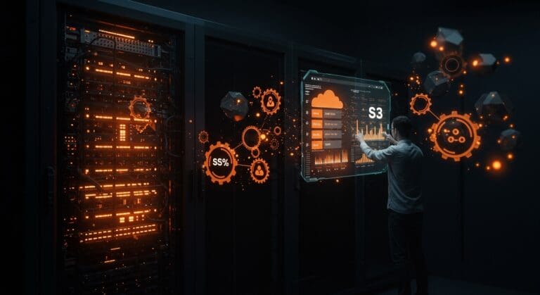 Almacenamiento S3 resiliente y open source para startups representado por un servidor moderno con interfaces holográficas en tonos naranja y negro.