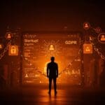 Responsabilidad legal de plataformas digitales bajo GDPR ilustrada con cadenas digitales y contenido generado por usuarios, contexto startup y regulación europea.