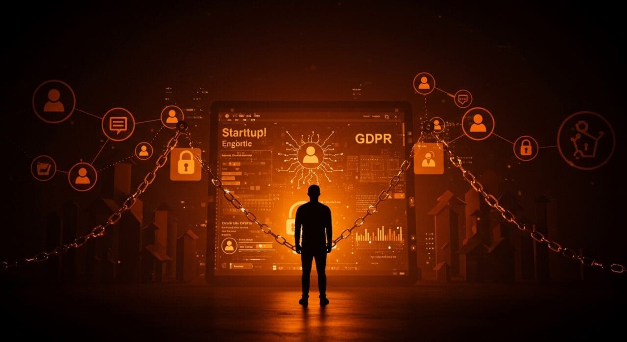 Responsabilidad legal de plataformas digitales bajo GDPR ilustrada con cadenas digitales y contenido generado por usuarios, contexto startup y regulación europea.