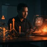 Founder confiado analizando métricas de confianza real en IA aplicada con interfaz holográfica en entorno futurista, destacando evaluación ciega y escalabilidad.