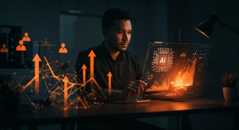 Founder confiado analizando métricas de confianza real en IA aplicada con interfaz holográfica en entorno futurista, destacando evaluación ciega y escalabilidad.