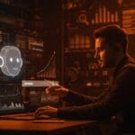 Founder tech interactuando con un chatbot IA Gemini en un entorno digital futurista que representa las tendencias de búsqueda en Google y la inteligencia artificial en 2025.