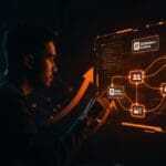 Fundador tech supervisando panel digital con pipelines CI/CD y self-hosted runners en GitHub Actions, simbolizando automatización SaaS gratuita.