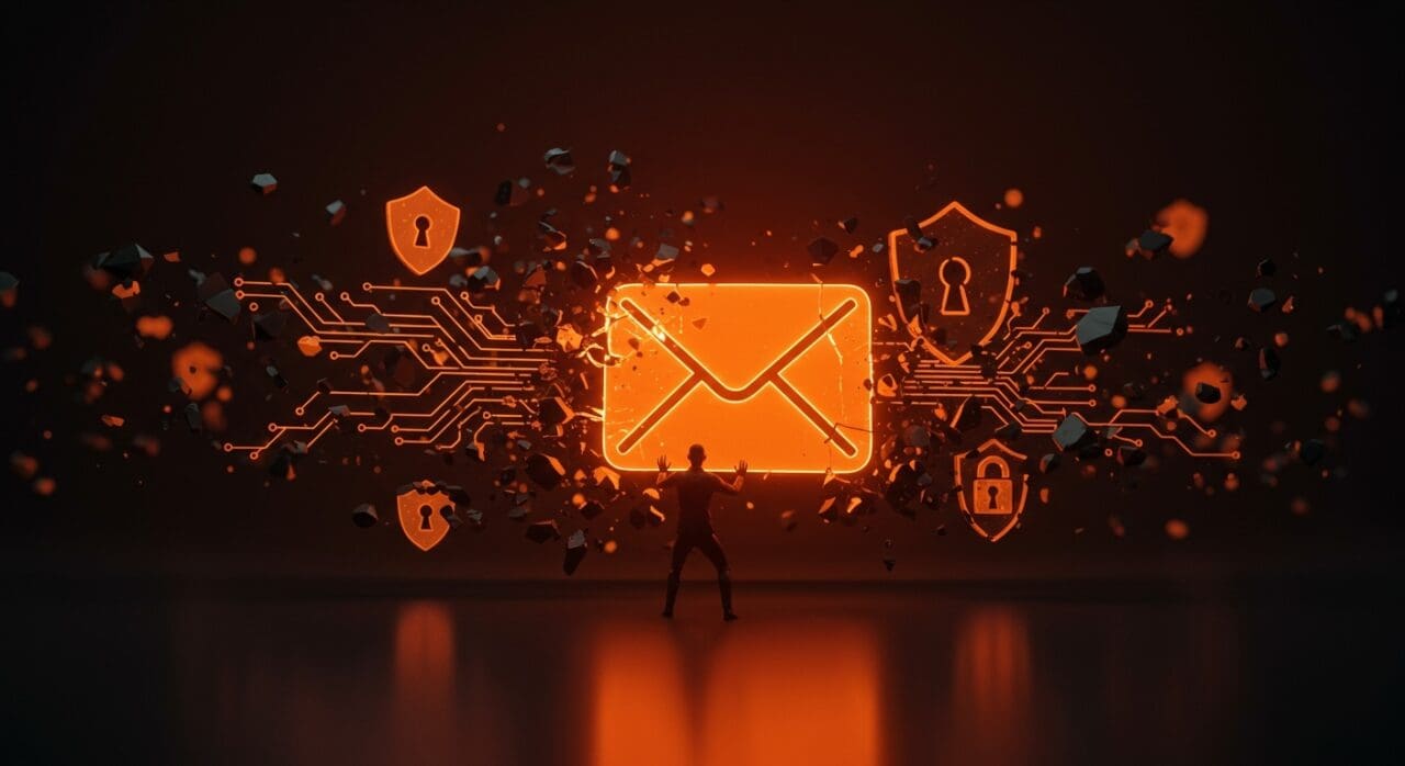 Imagen destacada de protección de cuenta Gmail ante hackeo sofisticado con símbolos digitales de seguridad y ataque cibernético en tonos naranja y negro.