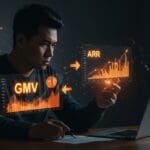 Founder analizando la diferencia crítica entre GMV y ARR en métricas financieras para startups SaaS e IA en un entorno tecnológico moderno.