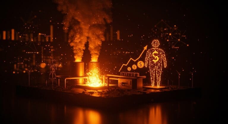 Inversión de Google en energía geotérmica representada con plantas energéticas digitales y flujos de luz naranja simbolizando innovación y tecnología limpia.