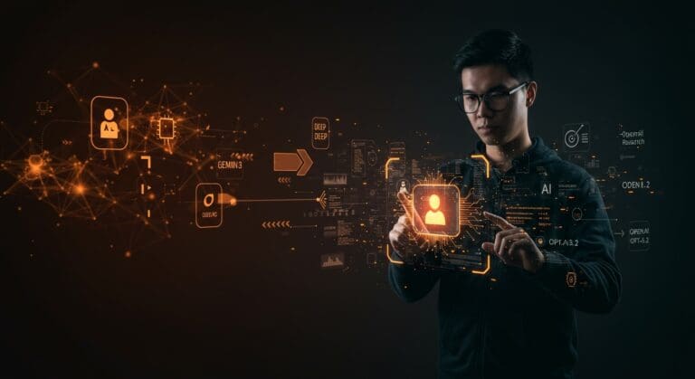 Desarrollador trabajando con Gemini 3 Pro de Google Deep Research, tecnología avanzada de inteligencia artificial aplicada compitiendo con OpenAI GPT-5.2.