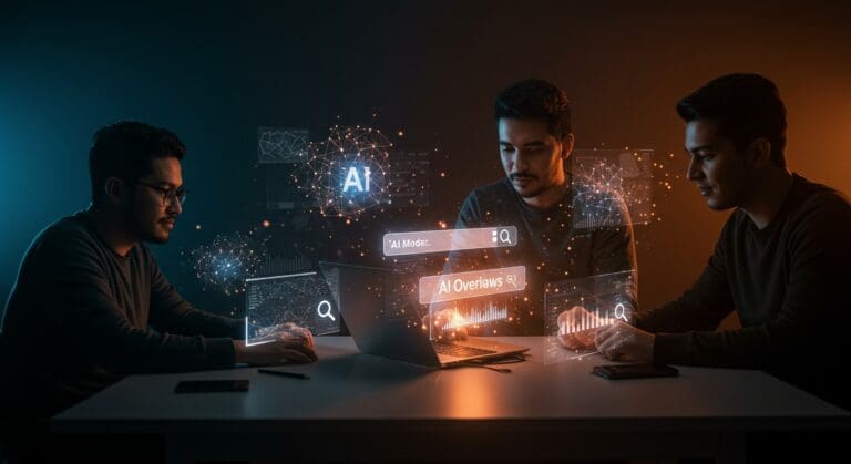 Fundadores hispanos trabajando con interfaces holográficas de IA de Google que representan la innovación en buscadores con AI Overviews y AI Mode.